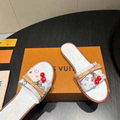 LV SLIDE SANDALS LOGO PRINT 25S IN WHITE CALFSKIN WITH CHERRY BLOSSOM BUCKLE