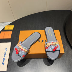 LV SLIDE SANDALS 25S IN GREY DENIM AND CALFSKIN WITH CHERRY BLOSSOM BUCKLE