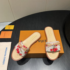 LV SLIDE SANDALS 25S IN BEIGE DENIM AND CALFSKIN WITH CHERRY BLOSSOM BUCKLE