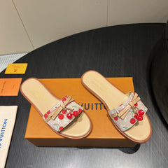 LV SLIDE SANDALS 25S IN BEIGE DENIM AND CALFSKIN WITH CHERRY BLOSSOM BUCKLE