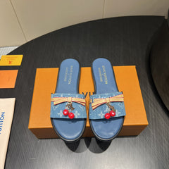 LV SLIDE SANDALS 25S IN BLUE DENIM AND CALFSKIN WITH CHERRY BLOSSOM BUCKLE