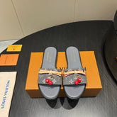 LV SLIDE SANDALS 25S IN DARK GREY DENIM AND CALFSKIN WITH CHERRY BLOSSOM BUCKLE