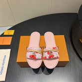 LV SLIDE SANDALS 25S IN LIGHT PINK DENIM AND CALFSKIN WITH CHERRY BLOSSOM BUCKLE