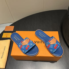 LV SLIDE SANDALS 25S IN DARK BLUE DENIM AND CALFSKIN WITH LOGO PRINT