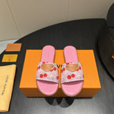LV SLIDE SANDALS 25S IN PINK DENIM AND CALFSKIN WITH LOGO PRINT