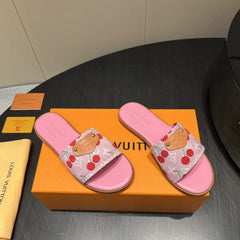 LV SLIDE SANDALS 25S IN PINK DENIM AND CALFSKIN WITH LOGO PRINT