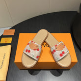 LV SLIDE SANDALS 25S IN BEIGE DENIM AND CALFSKIN WITH LOGO PRINT