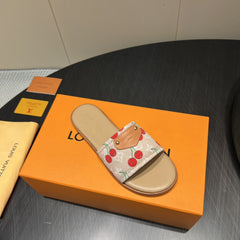 LV SLIDE SANDALS 25S IN BEIGE DENIM AND CALFSKIN WITH LOGO PRINT