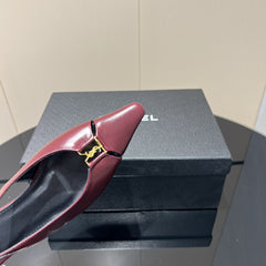YSL SLINGBACK FLATS 25S IN WINE RED LAMBSKIN WITH GOLD HARDWARE