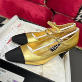 HIGH MARY JANE IN GOLDEN CALFSKIN AND BLACK SATIN