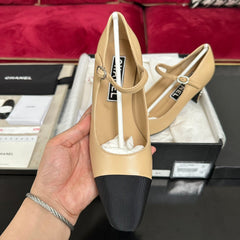 HIGH MARY JANE IN DARK CREAM CALFSKIN AND BLACK SATIN