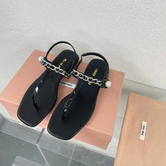 Pearl Chain Flip-Flops Black Color Leather