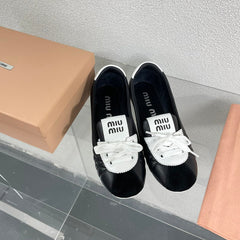 Black Leather Ballet Flats With White