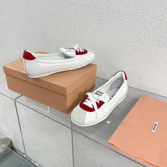 White Leather Ballet Flats With Red