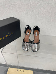 ALAIA HIGH FISHNET PUMPS IN BLACK MESH WITH WHITE RHINSTONES