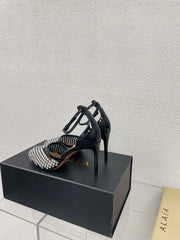 ALAIA HIGH FISHNET PUMPS IN BLACK MESH WITH WHITE RHINSTONES