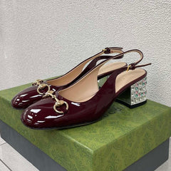 GG WOMEN'S HORSEBIT SLINGBACK IN WINE RED CALFSKIN WITH RHINSTONES