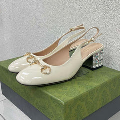 GG WOMEN'S HORSEBIT SLINGBACK IN WHITE CALFSKIN WITH RHINSTONES
