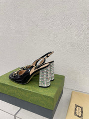 GG WOMEN'S HORSEBIT SLINGBACK 95MM IN BLACK CALFSKIN WITH RHINSTONES