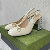 GG WOMEN'S HORSEBIT SLINGBACK 95MM IN WHITE CALFSKIN WITH RHINSTONES