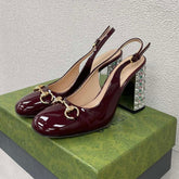 GG WOMEN'S HORSEBIT SLINGBACK 95MM IN WINE RED CALFSKIN WITH RHINSTONES