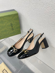 GG WOMEN'S HORSEBIT SLINGBACK 75MM IN BLACK CALFSKIN