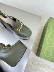 GG WOMEN'S HORSEBIT PLATFORM LOAFER SLINGBACK IN UNIFORM GREEN EMBOSSED CALFSKIN