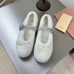 SHEARLING BALLET FLAT WHITE WITH SUEDE STRAP