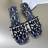 DWAY HEELED SLIDE EMBROIDERED COTTON AND NAVY BLUE MISS DIOR ALLOVER MOTIF 35 MM