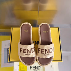 FENDI PLATFORM WEDGES IN BEIGE RAFFIA WITH BROWN EMBROIDERED LOGO