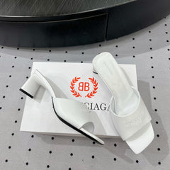 SQUARE-TOE MEDIUM HEEL MULES IN WHITE CALFSKIN LOGO EMBOSSED