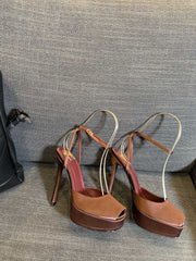 LA SCANDALE PLATFORM SANDALS IN DARK CAPPUCCINO SATIN