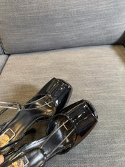 LA SCANDALE PLATFORM SANDALS IN BLACK GLOSSY CALFSKIN