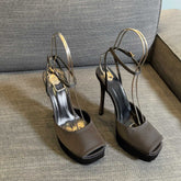 LA SCANDALE PLATFORM SANDALS IN TAUPE BROWN SATIN