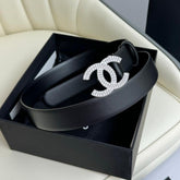 CC BELT 30MM IN BLACK SMOOTH CALFSKIN SILVER HARDWARE ATTACH RHINSTONES