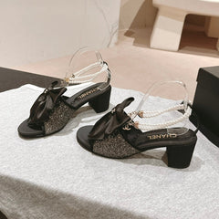 HIGH SANDAL WITH PEARL CHAIN BLACK LAMBSKIN WITH RHINESTONES