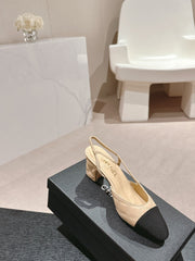 HIGH SLINGBACKS IN BEIGE CREAM LAMBSKIN AND BLACK SATIN