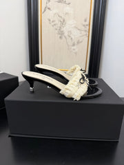 WHITE GROSGRAIN CANVAS BOW MULE SANDALS 65 MM