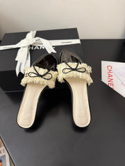 WHITE GROSGRAIN CANVAS BOW MULE SANDALS 65 MM