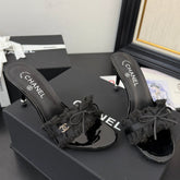 BLACK GROSGRAIN CANVAS BOW MULE SANDALS 90 MM