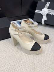 FLATFORM SANDAL IN PALE YELLOW CALFSKIN AND BLACK FABRIC