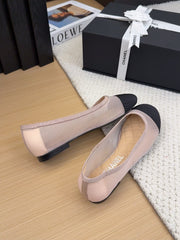 BALLET FLAT IN BLACK FABRIC AND PASTEL PINK MESH