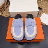 HM 25S MULE IN SOFT LAVENDER BLUE SUEDE MIX WHITE SHEARLING