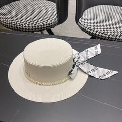 MM SMALL-BRIM STRAW HAT IN CREAM WHITE AND PEARL EMBELLISHED
