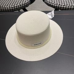 MM SMALL-BRIM STRAW HAT IN CREAM WHITE AND PEARL EMBELLISHED
