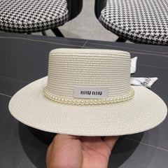 MM SMALL-BRIM STRAW HAT IN CREAM WHITE AND PEARL EMBELLISHED