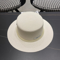 MM SMALL-BRIM STRAW HAT IN CREAM WHITE AND PEARL EMBELLISHED