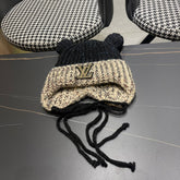 KNITTED BEANIE HAT WITH CUTE EARS IN BLACK MIX BEIGE WOOL 403483