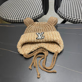 KNITTED BEANIE HAT WITH CUTE EARS IN PEANUT BROWN WOOL 403485
