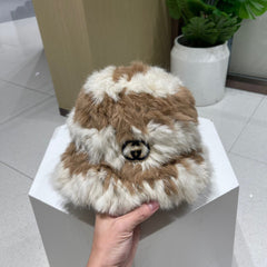 BUCKET HAT IN MEDIUM BROWN MIX WHITE RABBIT FUR 404638